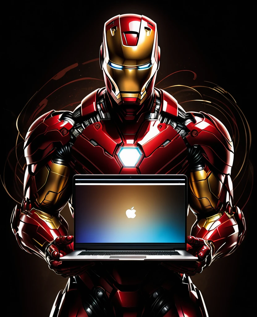 whole body, Ironman using a company badge, (holding a laptop with both hands) at waist height, Art style by Mike Deodato, 8K, details Intricate, cinematic lighting, dramatic pose, extremely detaild, hight contrast, dynamic composition, swirly vibrant colors, chiaroscuro lighting, photorrealistic, work of art