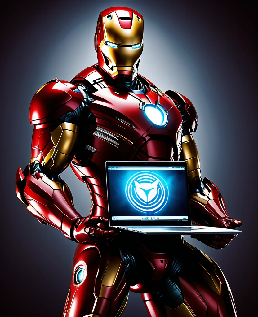 whole body, Ironman using a company badge, (holding a laptop with both hands) at waist height, Art style by Mike Deodato, 8K, details Intricate, cinematic lighting, dramatic pose, extremely detaild, hight contrast, dynamic composition, swirly vibrant colors, chiaroscuro lighting, photorrealistic, work of art