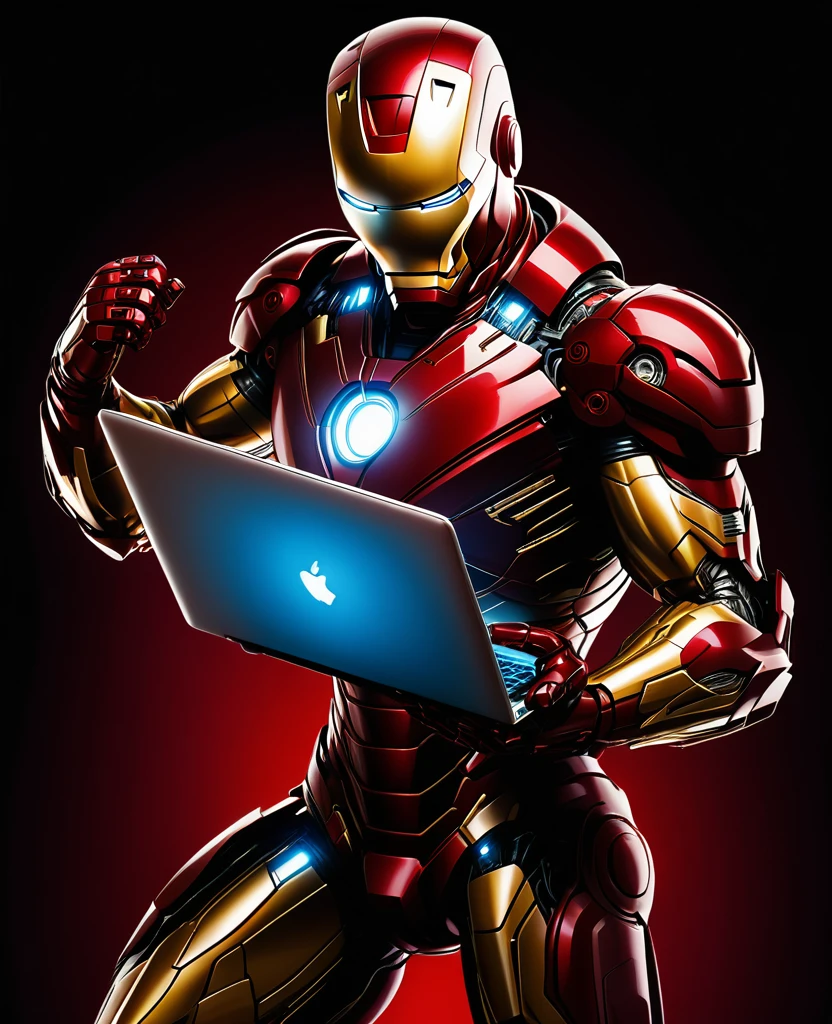 whole body, Ironman using a company badge, (holding a laptop with both hands) at waist height, Art style by Mike Deodato, 8K, details Intricate, cinematic lighting, dramatic pose, extremely detaild, hight contrast, dynamic composition, swirly vibrant colors, chiaroscuro lighting, photorrealistic, work of art