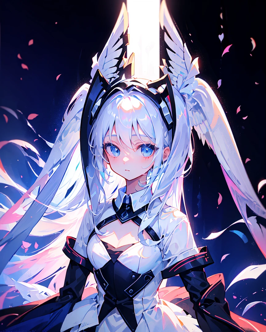 (((Masterpiece))), (((Beautiful Light))), Anime Girl, 1girl, Young, Short Height, Flat Chest, Solo, Wings, Long Hair, Dress, Blue Eyes, White Dress, Priestess Dress, Cape, White Hair, White Pantyhose, Feather Wings, Watching People, Very Long Hair, White Wings, Bangs, Gradient Hair