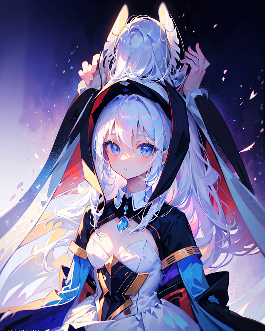 (((Masterpiece))), (((Beautiful Light))), Anime Girl, 1girl, Young, Short Height, Flat Chest, Solo, Wings, Long Hair, Dress, Blue Eyes, White Dress, Priestess Dress, Cape, White Hair, White Pantyhose, Feather Wings, Watching People, Very Long Hair, White Wings, Bangs, Gradient Hair