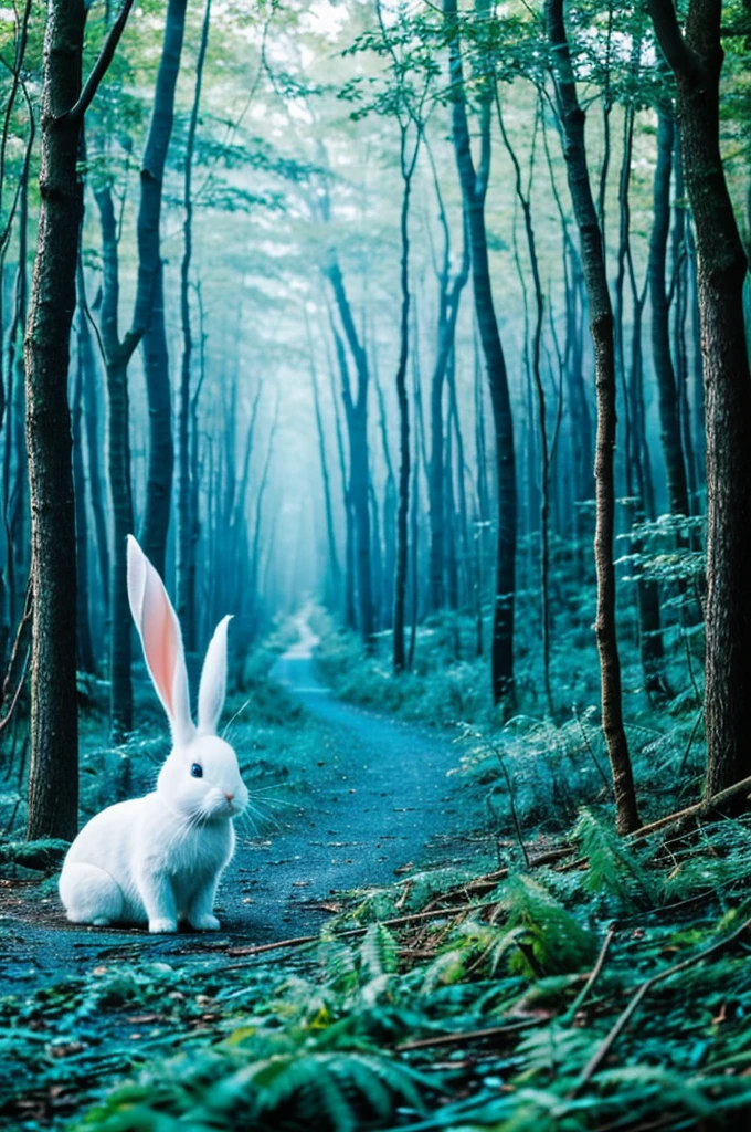 Forest landscape with a little white rabbit with very blue and intense eyes