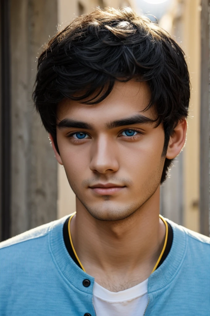 24-year-old black-haired boy with yellow-tipped bright light blue eyes