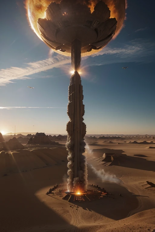 Photorealistic ground to sky eye view of a warworld alien invasion planet featuring flaming colossal monuments towering across the sky in the midst of a fierce clash with the sci-fi African Aiel Fremen desert warriors, saddled on colossal Ho
flying with majestic wings as they attack each other, realistic dynamic lighting blends seemlessly with natural light