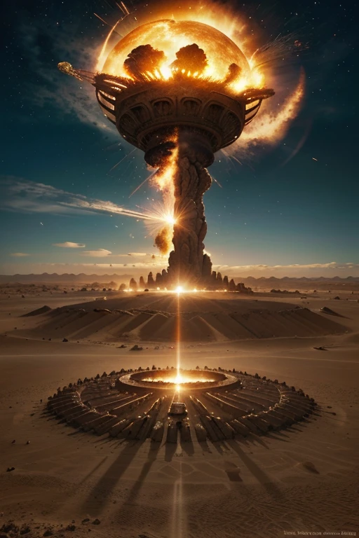Photorealistic ground to sky eye view of a warworld alien invasion planet featuring flaming colossal monuments towering across the sky in the midst of a fierce clash with the sci-fi African Aiel Fremen desert warriors, saddled on colossal Ho
flying with majestic wings as they attack each other, realistic dynamic lighting blends seemlessly with natural light