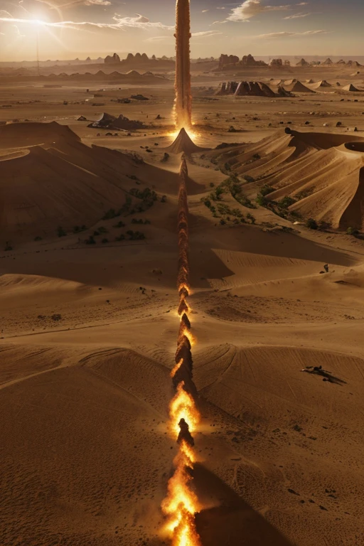 Photorealistic ground to sky eye view of a warworld alien invasion planet featuring flaming colossal monuments towering across the sky in the midst of a fierce clash with the sci-fi African Aiel Fremen desert warriors, saddled on colossal Ho
 flying with majestic wings as they attack each other, realistic dynamic lighting blends seemlessly with natural light 