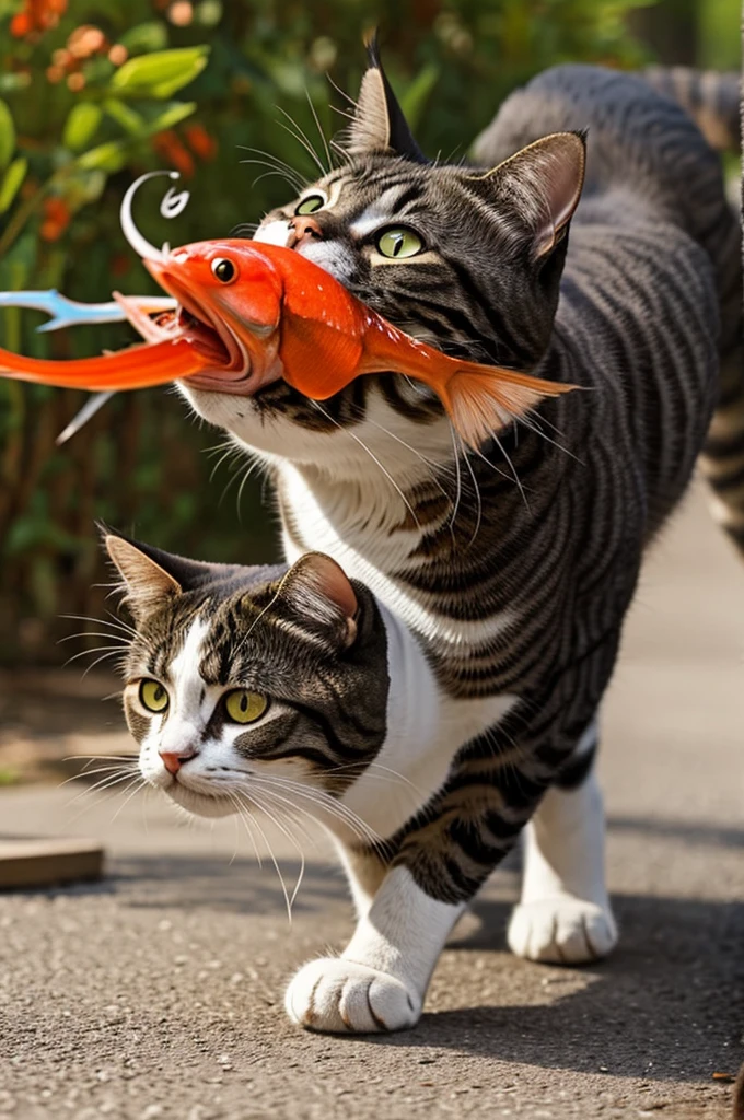 A cat escaping with a fish in its mouth