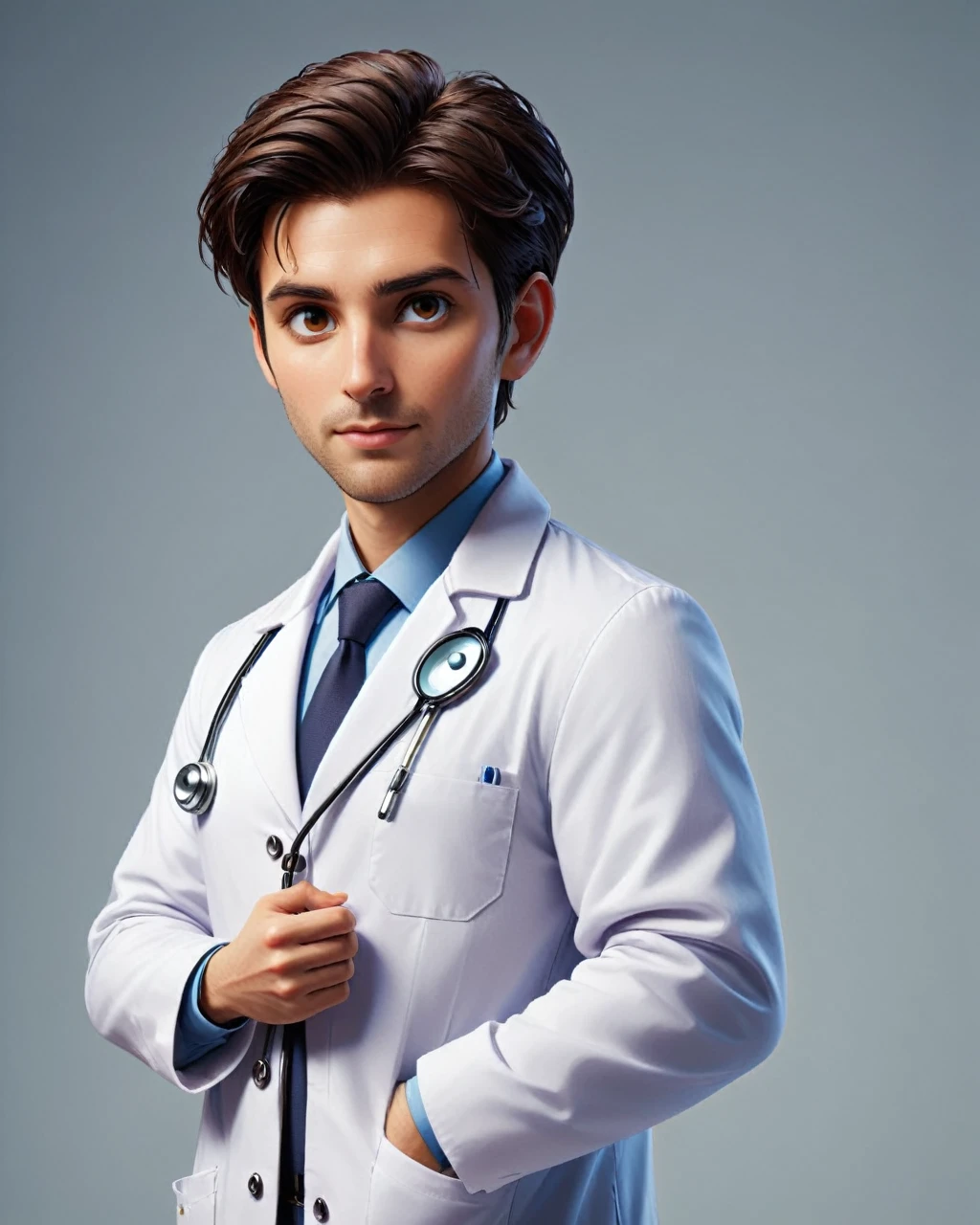 A character dressed as a doctor, with a white coat, but with elements that refer to finance, like a stethoscope that has a coin on the end.