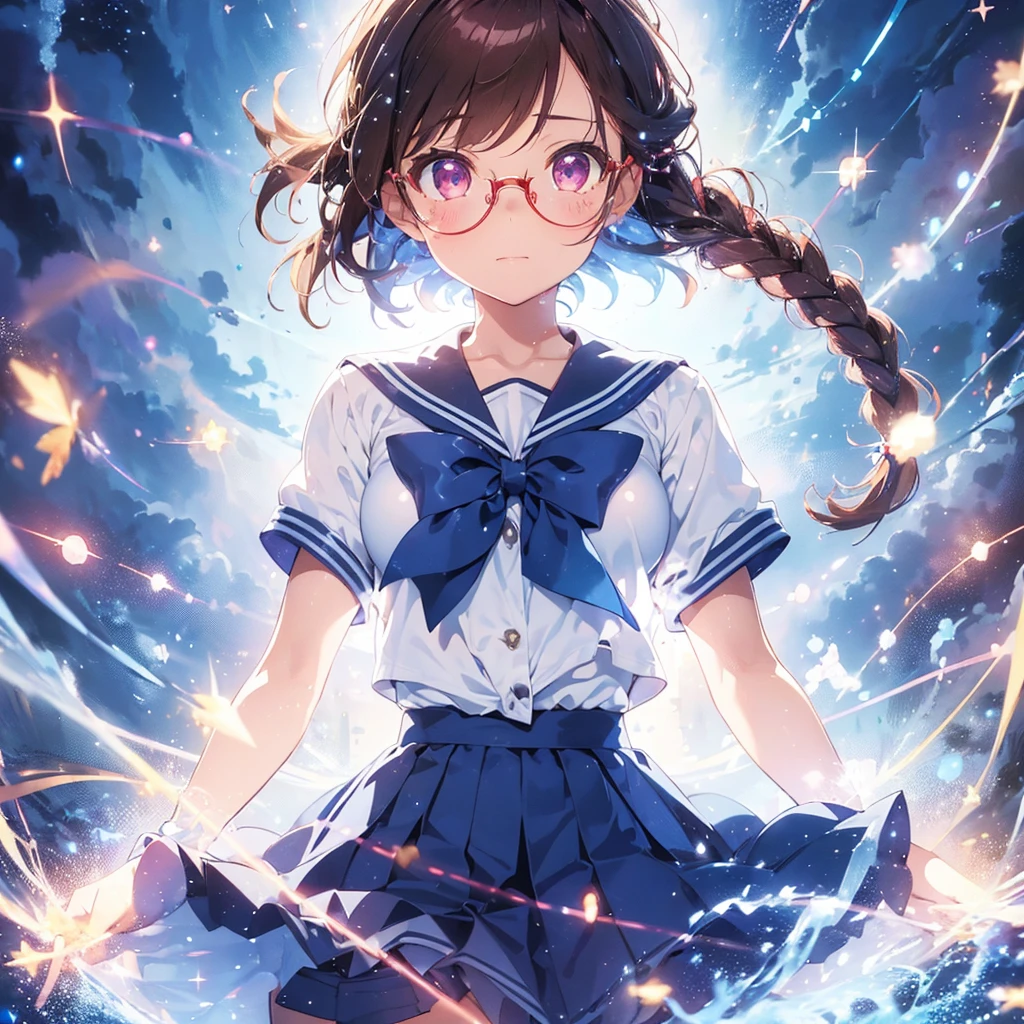 1girl, magical girl, transformation scene, glasses, brown eyes, long brown hair in single braid, sailor uniform with blue collar and skirt, red neckerchief, ((shimmering light particles:1.2) enveloping the girl's body), (large breasts), large buttocks, voluptuous, bright beams of light in the background
