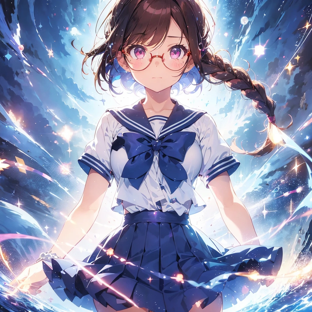 1girl, magical girl, transformation scene, glasses, brown eyes, long brown hair in single braid, sailor uniform with blue collar and skirt, red neckerchief, ((shimmering light particles:1.2) enveloping the girl's body), (large breasts), large buttocks, voluptuous, bright beams of light in the background