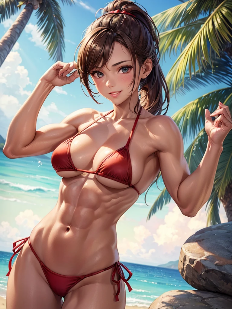 ,(best quality, ultra-detailed, realistic:1.37, masterpiece:1.2), woman, beautiful detailed eyes, beautiful detailed lips, brown hair tied up, smile,red micro bikini, (muscular body:1.1),slim figure, caustics, textile shading, toned body, clean abs, palm trees swaying, ponytail,