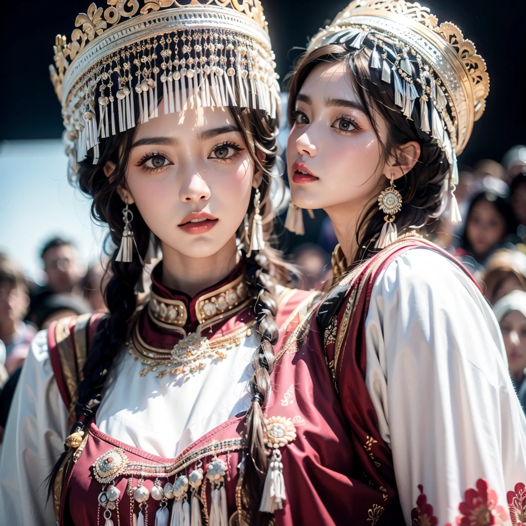 (good structure),high dynamic range,ultra high definition,8k,1 girl,Chinese Yi costumes,silver metal headpiece, brown eyes, earrings, have, jewelry,Yi ethnic metal jewelry,A huge metal have,Headwear metal tassels,Silver metal have, lace, lace trim, lips, long hair, looking at the audience, parted lips, alone, Upper body