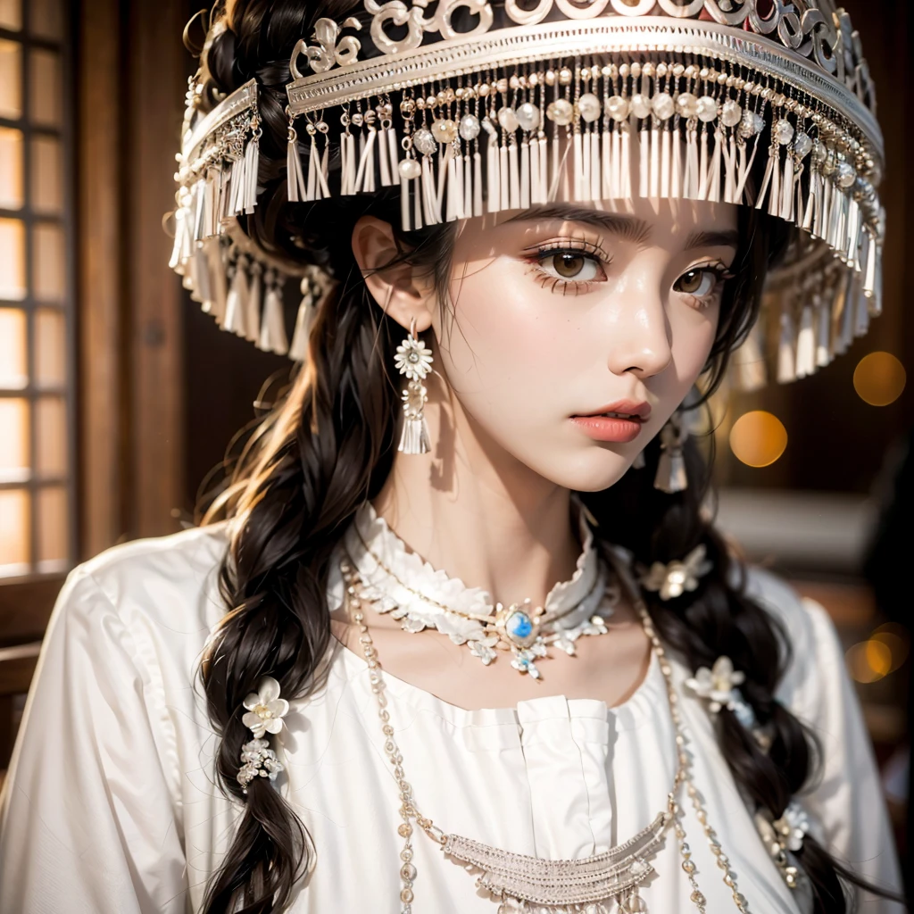 (good structure),high dynamic range,ultra high definition,8k,1 girl,Chinese Yi costumes,silver metal headpiece, brown eyes, earrings, have, jewelry,Yi ethnic metal jewelry,A huge metal have,Headwear metal tassels,Silver metal have, lace, lace trim, lips, long hair, looking at the audience, parted lips, alone, Upper body