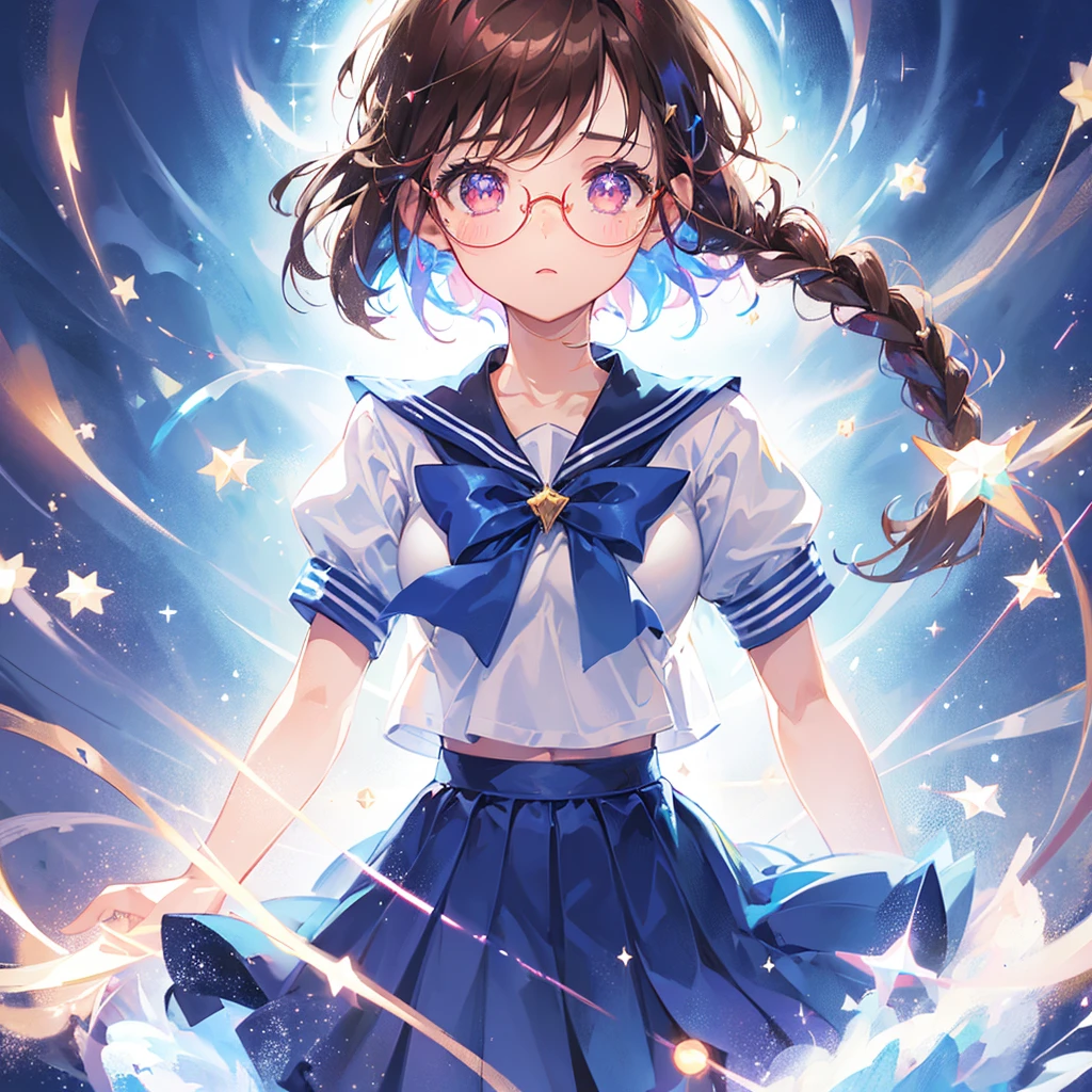 1girl, magical girl, transformation scene, glasses, brown eyes, long brown hair in single braid, sailor uniform with blue collar and skirt, red neckerchief, ((shimmering light particles:1.2) enveloping the girl's body), (large ), large buttocktuous, bright beams of light in the background