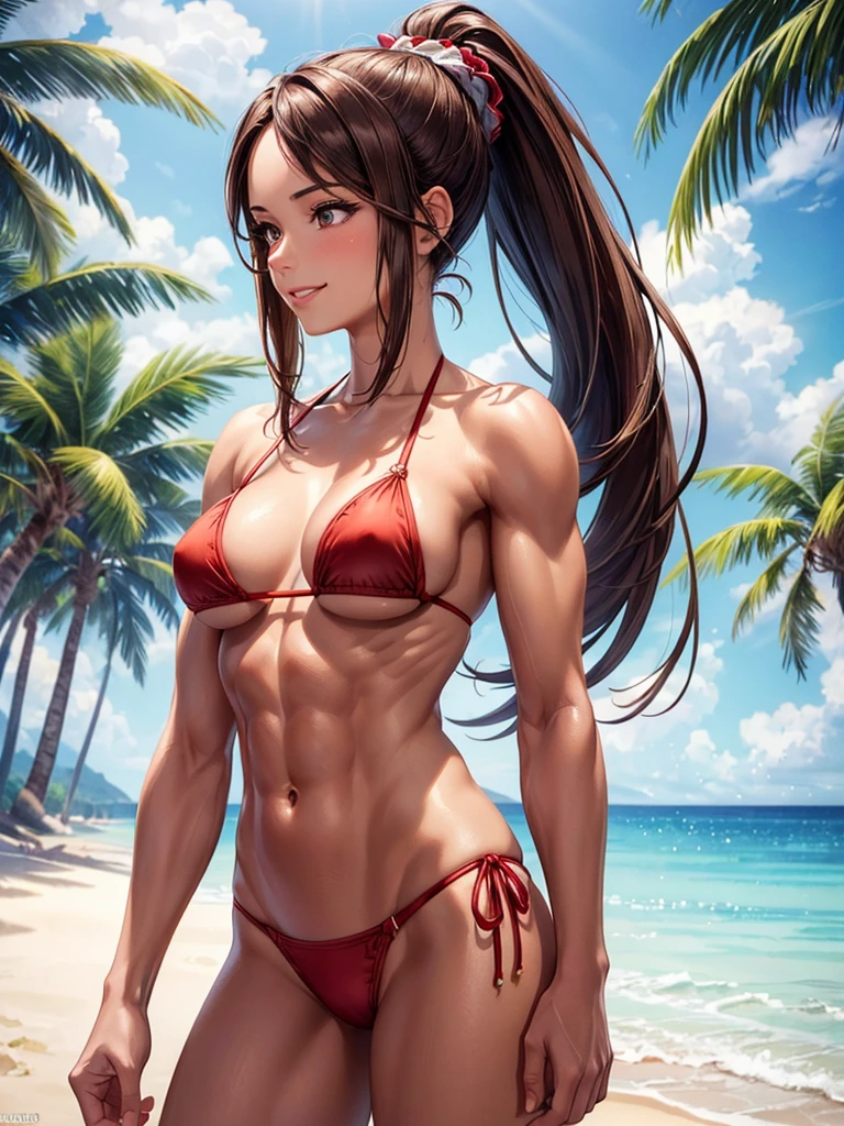 ,(best quality, ultra-detailed, realistic:1.37, masterpiece:1.2), woman, beautiful detailed eyes, beautiful detailed lips, brown hair tied up, smile,red micro bikini, (muscular body:1.1),slim figure, caustics, textile shading, toned body, clean abs, palm trees swaying, ponytail,