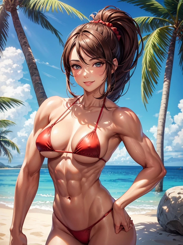 ,(best quality, ultra-detailed, realistic:1.37, masterpiece:1.2), woman, beautiful detailed eyes, beautiful detailed lips, brown hair tied up, smile,red micro bikini, (muscular body:1.1),slim figure, caustics, textile shading, toned body, clean abs, palm trees swaying, ponytail,