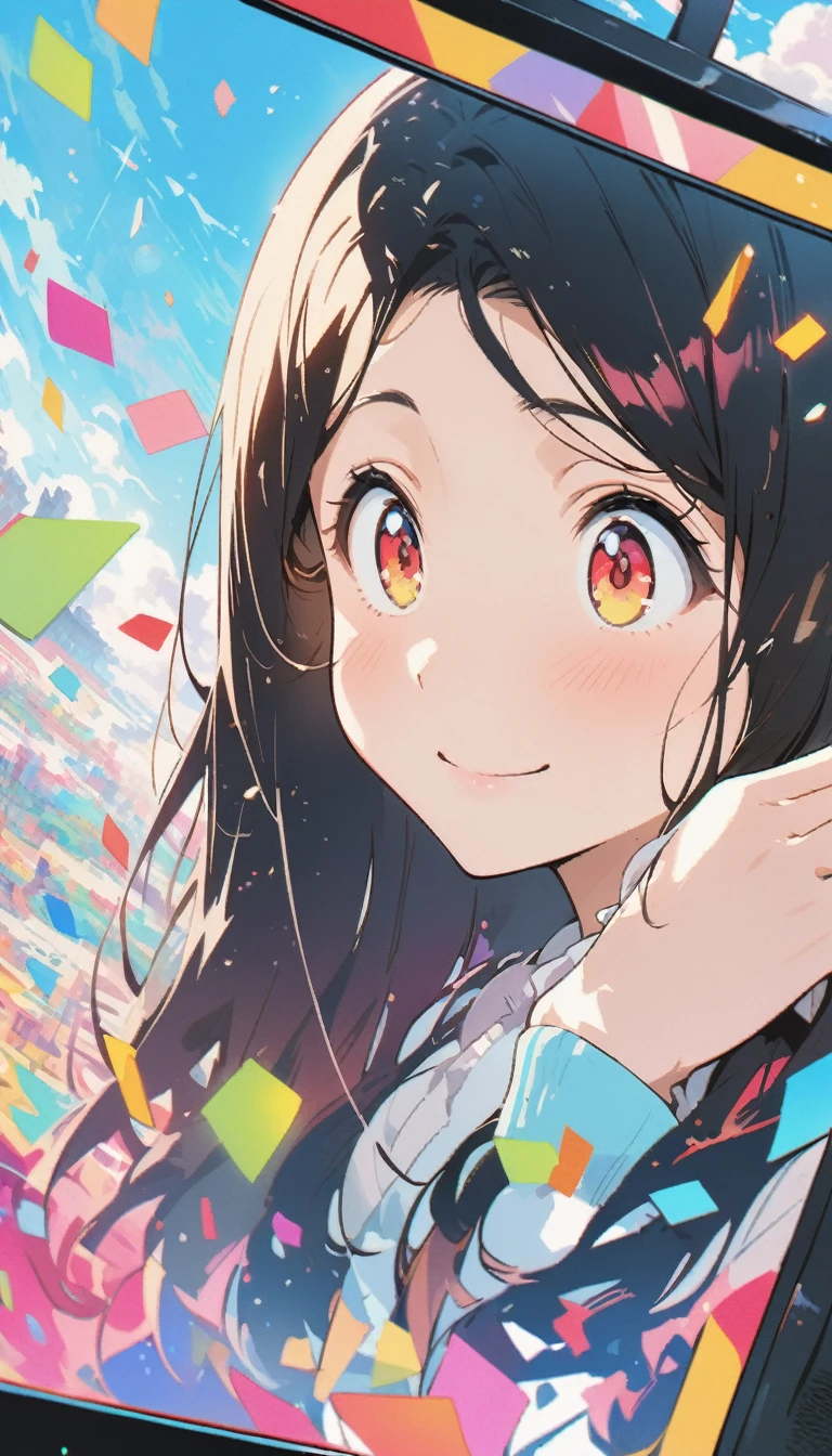 anime style, Ultra-fine illustrations, highly detailed, Dynamic Angle, beautiful detailed, 8K, In front of many CRT TVs, break various programs are being broadcasted. A woman stares at them, break smiling amidst the colorful scenes.(Highest quality、masterpiece、High resolution、detailed)animeスタイル、Flat Style、(Shining Eyes、detailed美しい顔),  break,Dynamic Angle、anime