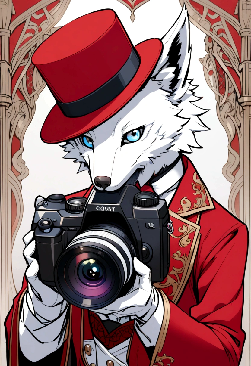 a white wolf wearing a red top hat holding a camera