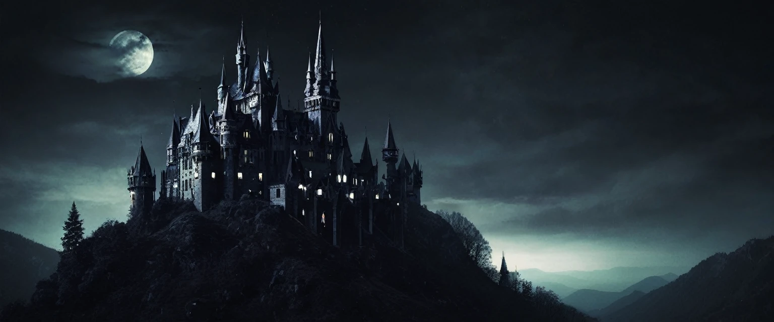 Dark gothic castle on mountain night horror