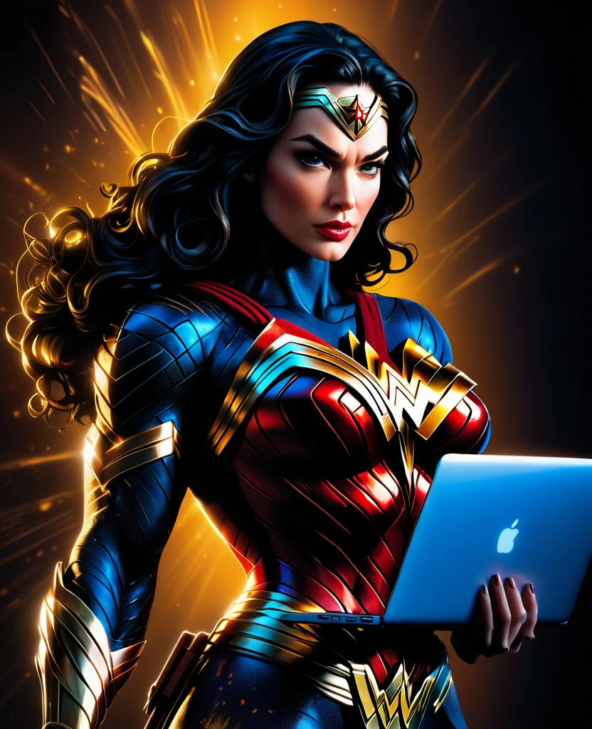 whole body, power pose, wonder woman wearing a company badge, (holding a laptop with both hands ) at waist height, Art style by Mike Deodato, 8K, details Intricate, cinematic lighting, dramatic pose, extremely detaild, hight contrast, dynamic composition, swirly vibrant colors, chiaroscuro lighting, photorrealistic, work of art