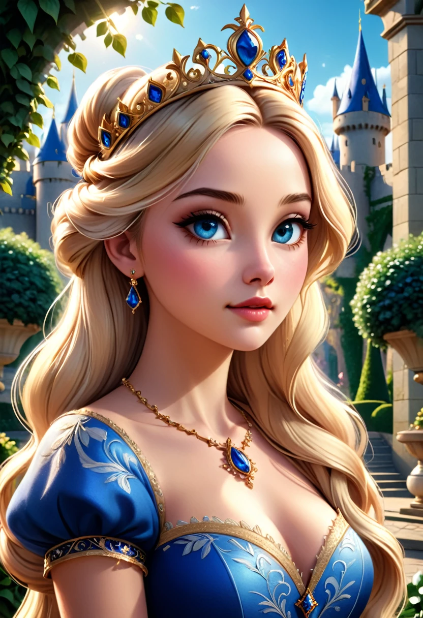 cinderella,1girl,beautiful detailed eyes,beautiful detailed lips,extremely detailed face,long eyelashes,flowing blonde hair,ornate crown,elegant royal dress,intricate embroidery,castle courtyard,lush garden,sunlight streaming in,dramatic lighting,photorealistic,8k,highres,detailed,fantasy