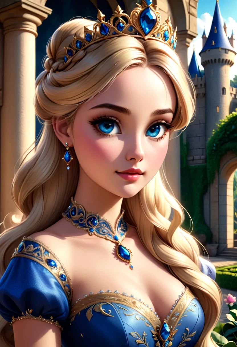 cinderella,1girl,beautiful detailed eyes,beautiful detailed lips,extremely detailed face,long eyelashes,flowing blonde hair,ornate crown,elegant royal dress,intricate embroidery,castle courtyard,lush garden,sunlight streaming in,dramatic lighting,photorealistic,8k,highres,detailed,fantasy
