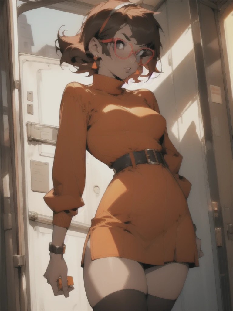 (((waist up))), (((perfect body))), (((voluptuous))), (((hot))), thick thighs, Velma Dace Dinkley ager (from the Scooby-Doo series), posing for self with a ghost behind her, arm stretched out for freight as if she were holding a cell phone, comedic scene, perfect body, gorgeous and intelligent face, front view, mini skirt, glasses, big breasts, hot, short brown hair, orange turtleneck blouse, red skirt, waist up