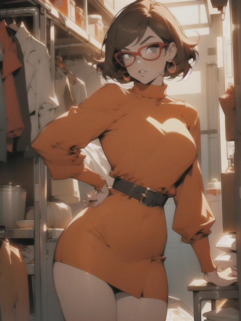 (((waist up))), (((perfect body))), (((voluptuous))), (((hot))), thick thighs, Velma Dace Dinkley teenager (from the Scooby-Doo series), posing for self with a ghost behind her, arm stretched out for freight as if she were holding a cell phone, comedic scene, perfect body, gorgeous and intelligent face, front view, mini skirt, glasses, big breasts, hot, short brown hair, orange turtleneck blouse, red skirt, waist up