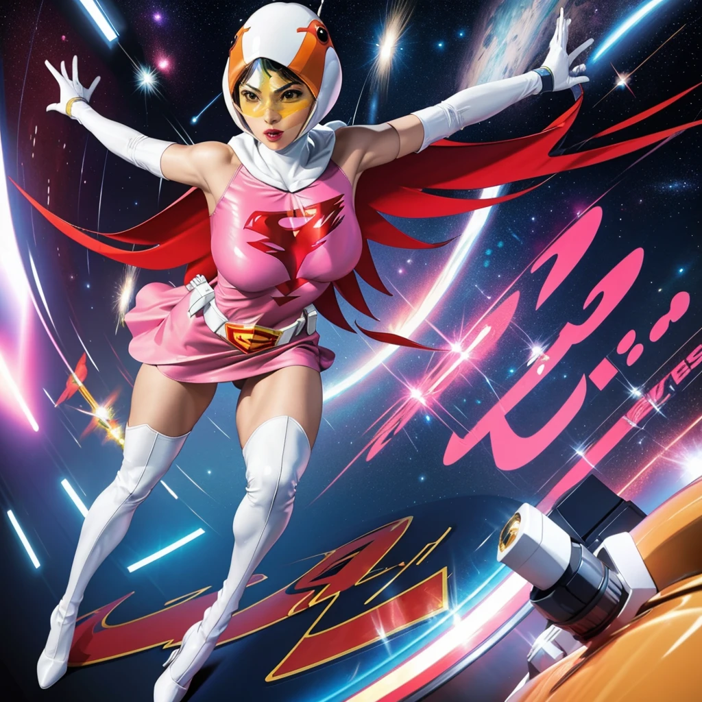 ANI_CLASSIC_jun_gatchaman_ownwaifu,1girl, 15yo,good anatomy, masterpiece, best quality,realistic, hyper realistic, 16k hdr, long hair,breasts,lips,large breasts,lipstick,makeup,gloves,cape,helmet,belt,elbow gloves,white gloves,mask,ultra miniskirt,leotard,spacesuit,white tight overknee highheels boots,pink dress,superhero,bodysuit,cleavage,erected nipples,(fighting poses),cameltoe