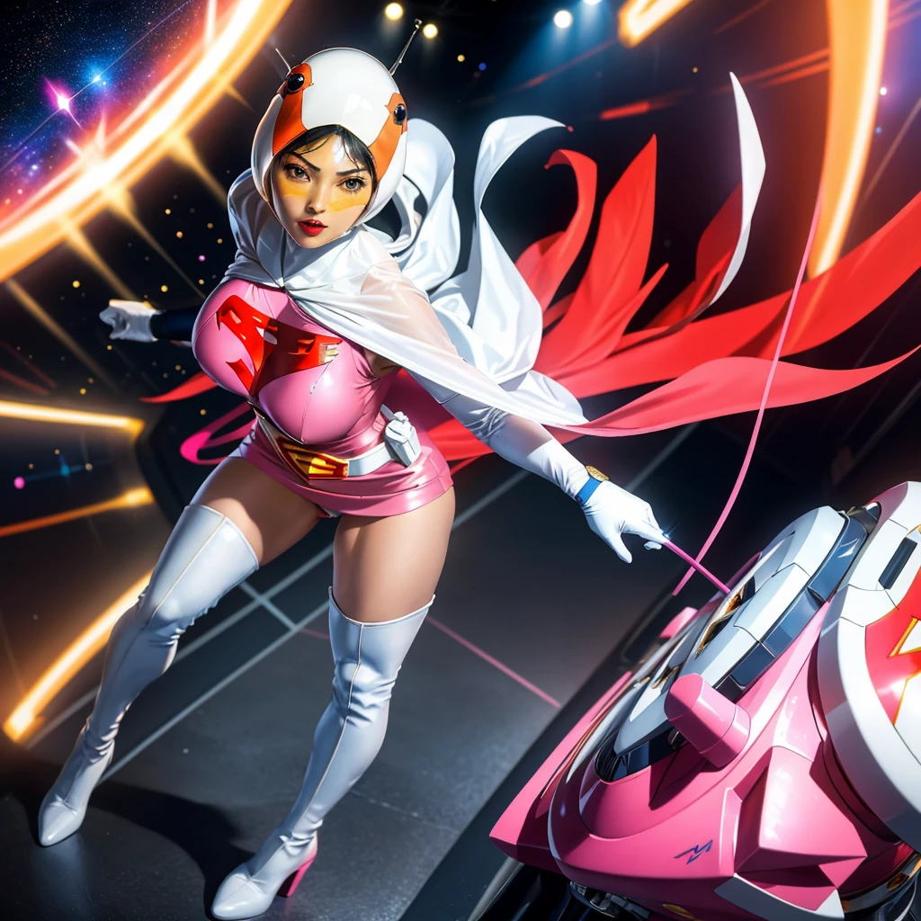ANI_CLASSIC_jun_gatchaman_ownwaifu,1girl, 15yo,good anatomy, masterpiece, best quality,realistic, hyper realistic, 16k hdr, long hair,breasts,lips,large breasts,lipstick,makeup,gloves,cape,helmet,belt,elbow gloves,white gloves,mask,ultra miniskirt,leotard,spacesuit,white tight overknee highheels boots,pink dress,superhero,bodysuit,cleavage,erected nipples,(fighting poses),cameltoe