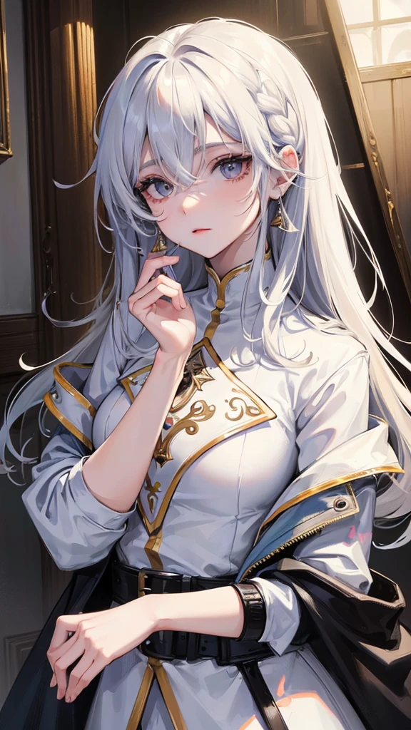 Masterpiece, high resolution, Screenshot, Best Quality, 1 girl, (scar on left eye), short white jacket, Very detailed, rule of thirds, jewelry, wide, hits, hair between the eyes