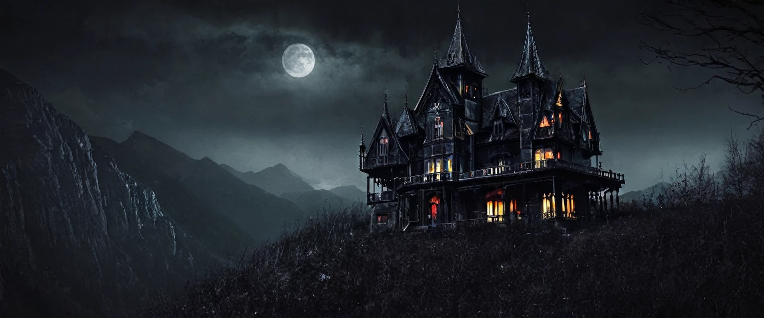 Dark gothic house on mountain night horror