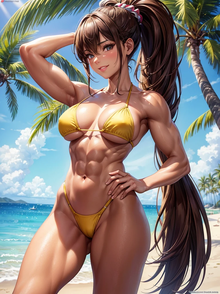 ,(best quality, ultra-detailed, realistic:1.37, masterpiece:1.2), woman, beautiful detailed eyes, beautiful detailed lips, brown hair tied up, smile,yellow micro bikini, (muscular body:1.1),slim figure, caustics, textile shading, toned body, clean abs, palm trees swaying,  ponytail,