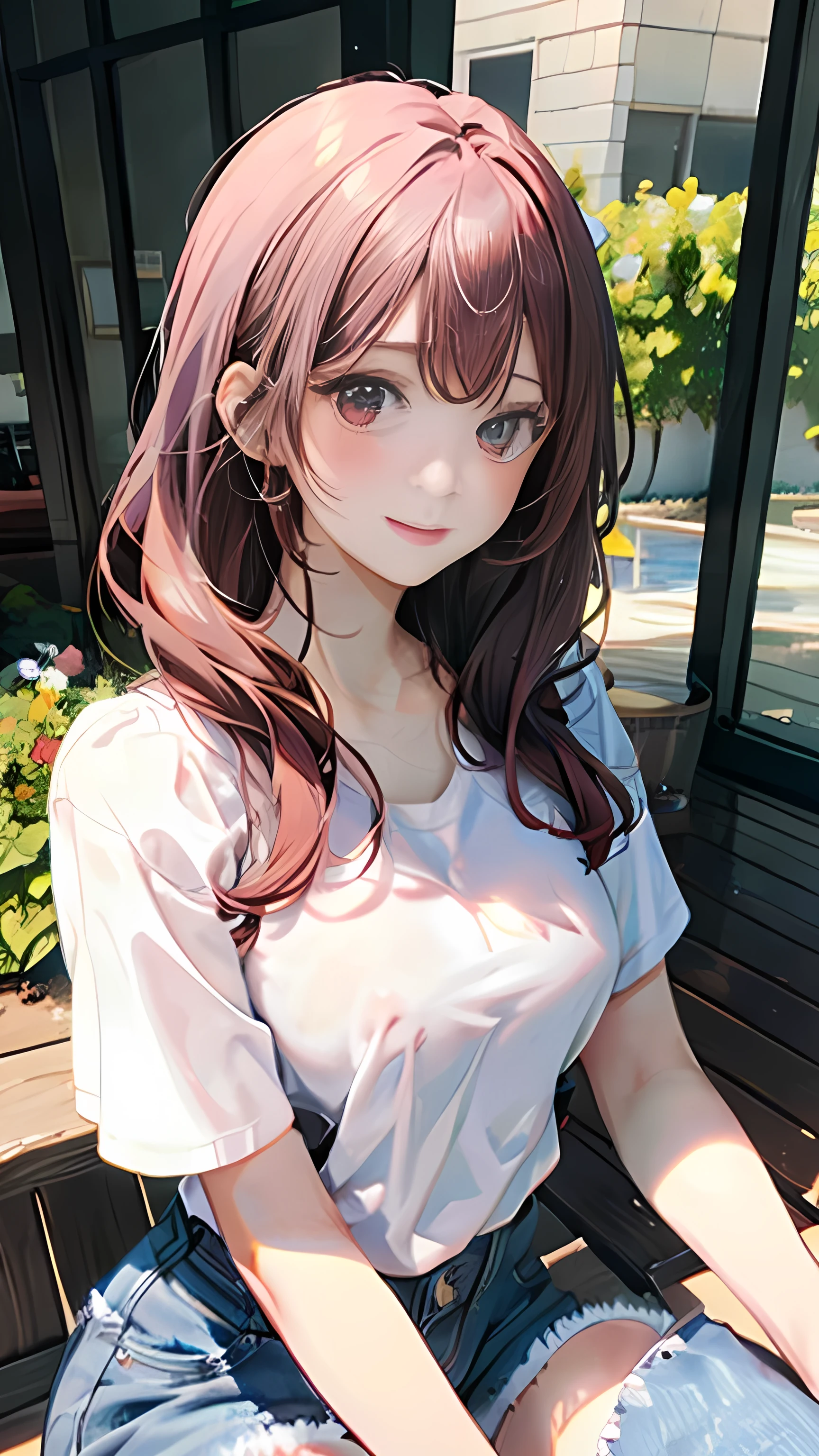 (masterpiece:1.2, Top quality),, Nice illustration, (Natural side Light, Light),
Looking at the audience, 1 girl,Protruding nipples, Pink hair,White shirt clothes,Denim shorts,Large Breasts,Nipple protrusion 2:1,She sits in a garden chair,Protruding nipples