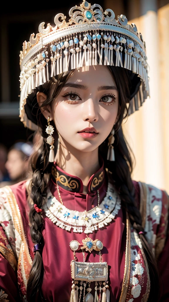 (good structure),high dynamic range,ultra high definition,8k,1 girl,Chinese Yi costumes,silver metal headpiece, brown eyes, earrings, have, jewelry,Yi ethnic metal jewelry,A huge metal have,Headwear metal tassels,Silver metal have, lace, lace trim, lips, long hair, looking at the audience, parted lips, alone, Upper body
