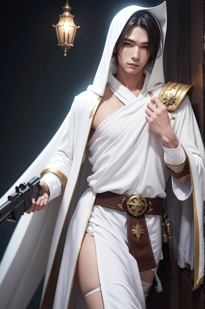 fantasy gunner with white robe and mask