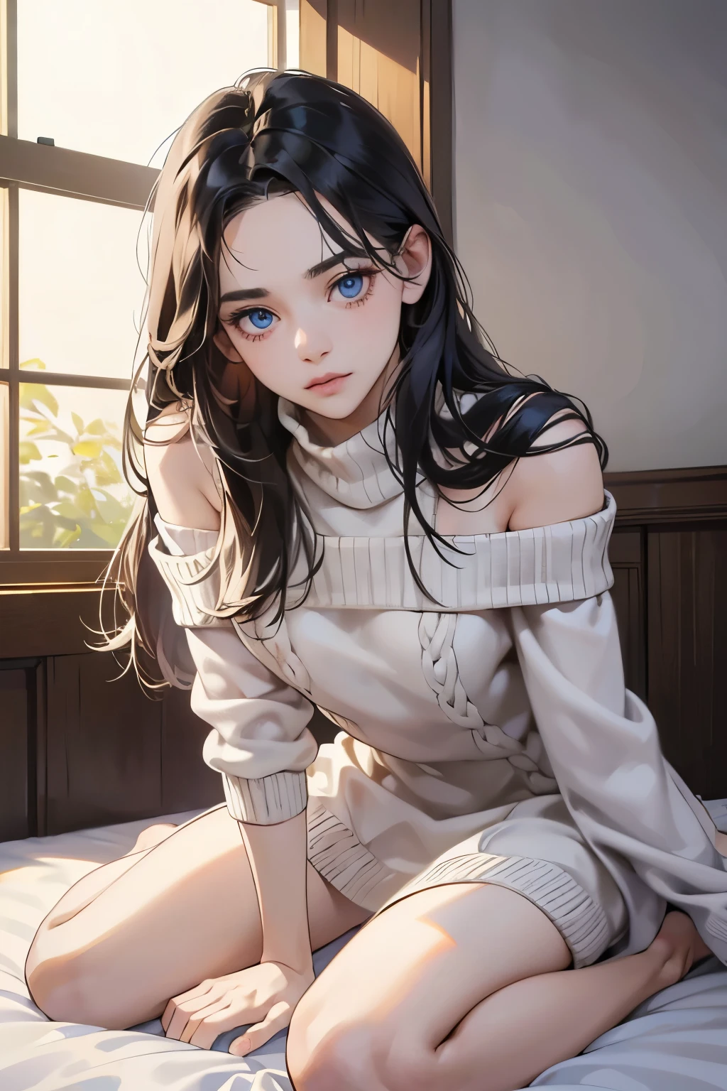 (Tabletop, Digital Art, Digital Illustration, 4K, 8K, Very detailed, Beautiful images, Clear images, Realistic, RAW Photos, Perfect Face, Perfect Lines, Perfect Eyes, Big eyes、Soft lighting) ,flat chest, blue eyes, forehead, black hair, long hair, masterpiece, best quality, 1 girl, 独奏, (shy, leaning forward,virgin killer sweater),bed sheet, on bed,white sweater,off shoulder,back cutout,Bare legs,