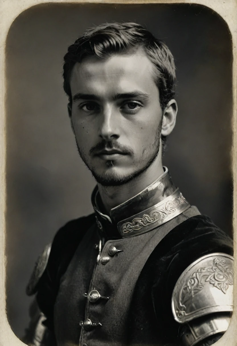 by Moebius, by Théodore Géricault, ((((Rough monochrome, daguerreotype on old paper, male focus)))), the composition is: ((((a cute, young male knight, sullen, facing viewer, goatee, buzzcut. He is wearing plate armor, he is wearing neck ruffles, a tartan cape with renaissance elements, sashes, medals, Celtic pendants, Celtic influence))))