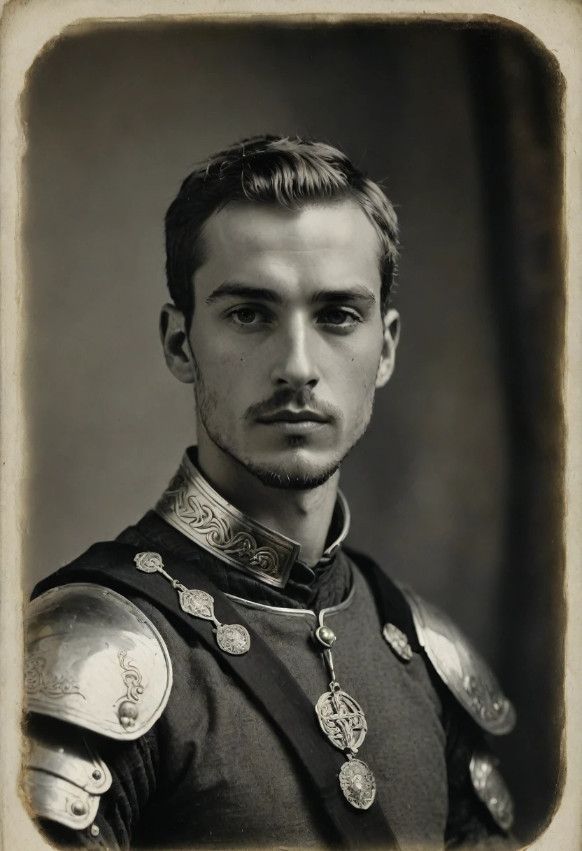 by Moebius, by Théodore Géricault, ((((Rough monochrome, daguerreotype on old paper, male focus)))), the composition is: ((((a cute, young male knight, sullen, facing viewer, goatee, buzzcut. He is wearing plate armor, he is wearing neck ruffles, a tartan cape with renaissance elements, sashes, medals, Celtic pendants, Celtic influence))))