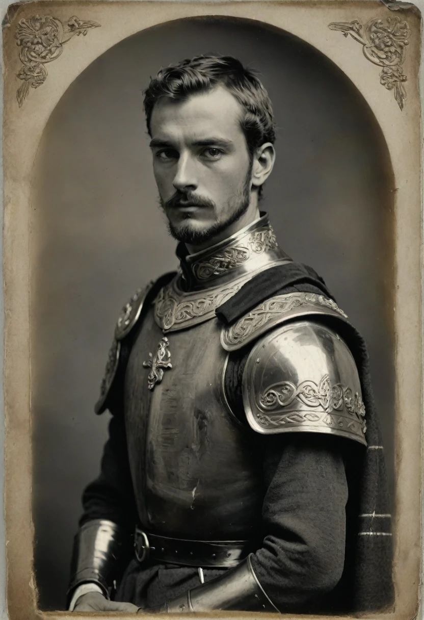 by Moebius, by Théodore Géricault, ((((Rough monochrome, daguerreotype on old paper, male focus)))), the composition is: ((((a cute, young male knight, sullen, facing viewer, goatee, buzzcut. He is wearing plate armor, he is wearing neck ruffles, a tartan cape with renaissance elements, sashes, medals, Celtic pendants, Celtic influence))))
