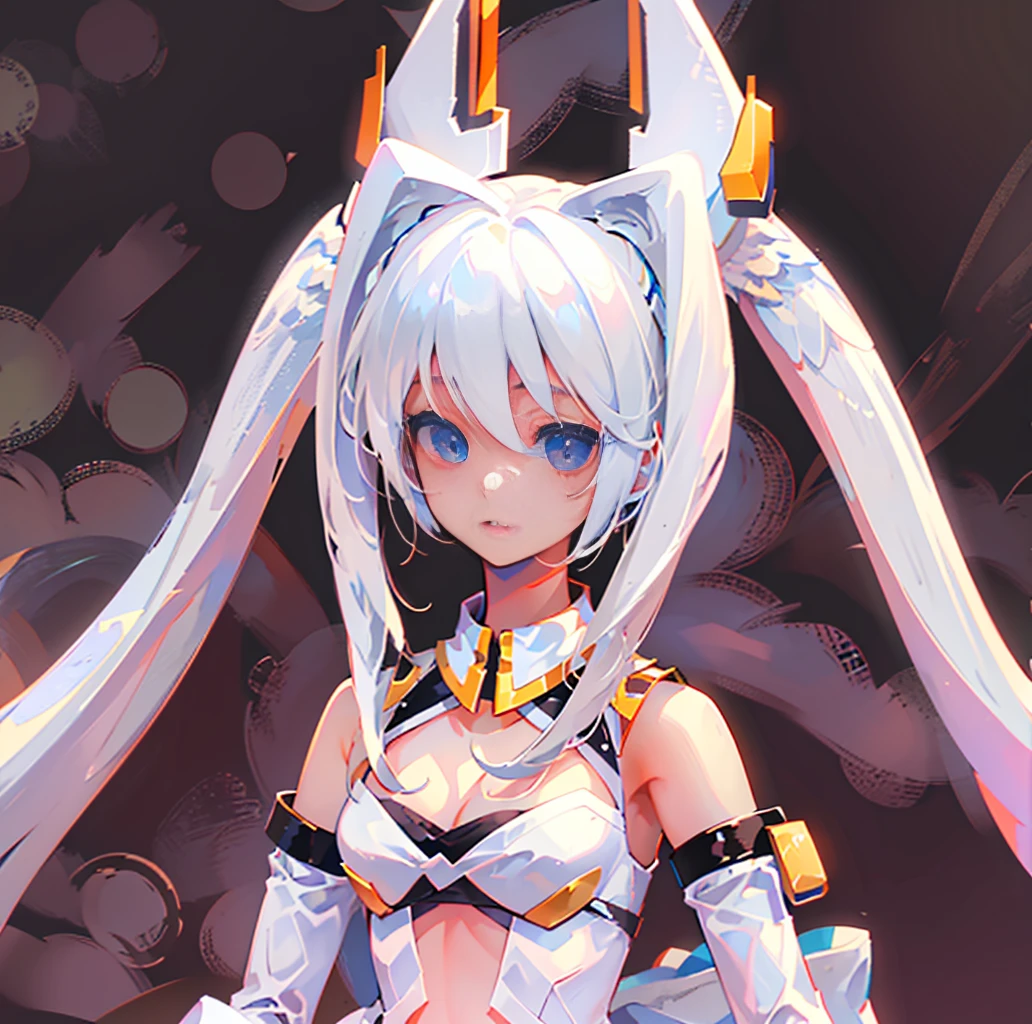 (((Masterpiece))), (((Beautiful Light))), Anime Girl, 1girl, Young, Short Height, Flat Chest, Solo, Wings, Long Hair, Dress, Blue Eyes, White Dress, Priestess Dress, Cape, White Hair, White Pantyhose, Feather Wings, Watching People, Very Long Hair, White Wings, Bangs, Gradient Hair