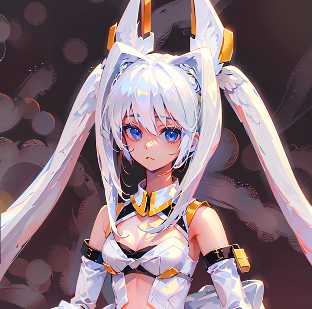 (((Masterpiece))), (((Beautiful Light))), Anime Girl, 1girl, Young, Short Height, Flat Chest, Solo, Wings, Long Hair, Dress, Blue Eyes, White Dress, Priestess Dress, Cape, White Hair, White Pantyhose, Feather Wings, Watching People, Very Long Hair, White Wings, Bangs, Gradient Hair