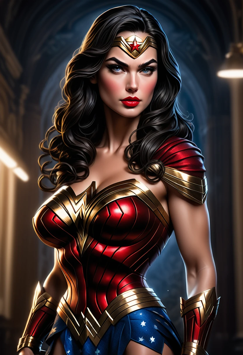 whole body, powerful Wonder Woman wearing a company badge, (holding a laptop with both hands ) at waist height, Art style by Mike Deodato, 8K, details Intricate, cinematic lighting, dramatic pose, strong facial features, beautiful detailed eyes, beautiful detailed lips, extremely detailed face and portrait, long eyelashes, hight contrast, dynamic composition, swirly vibrant colors, chiaroscuro lighting, photorrealistic, work of art