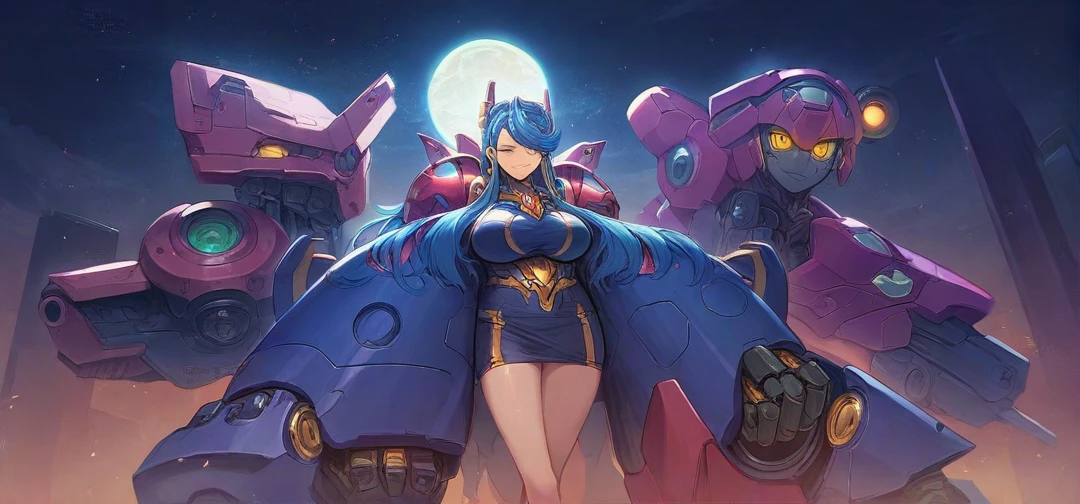 (masterpiece, best quality;1.3), extremely detailed ,ultra detailed,  1GIRL,solo,  twin tail,  large breast, evil smile, gundam(rx78), science fiction, mecha, , blue hair, solo, hair ornament, long hair, twin tail, gold eyes, jewelry, earrings, looking at viewer,shinjuku city background,night, many neon signs, moon base, detailed dress, micro mini skirt,  from below, sitting,, bust shot,