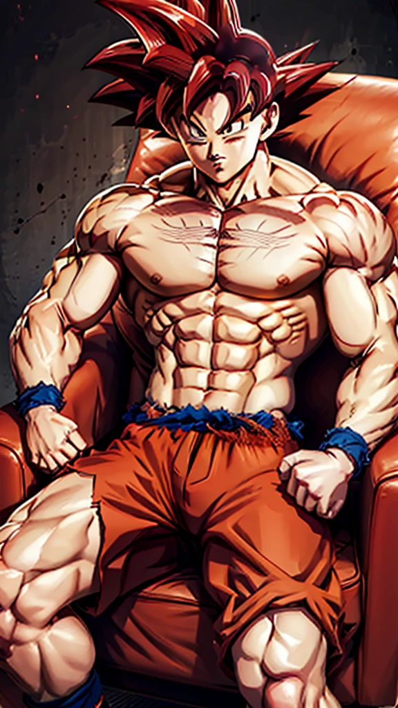 Goku shirtless in red shorts, marked abdomen, Super strong, body muscle, sitting in an armchair with legs open, thoughtful, Thinking about the life, sensual look, masculine, attractive,