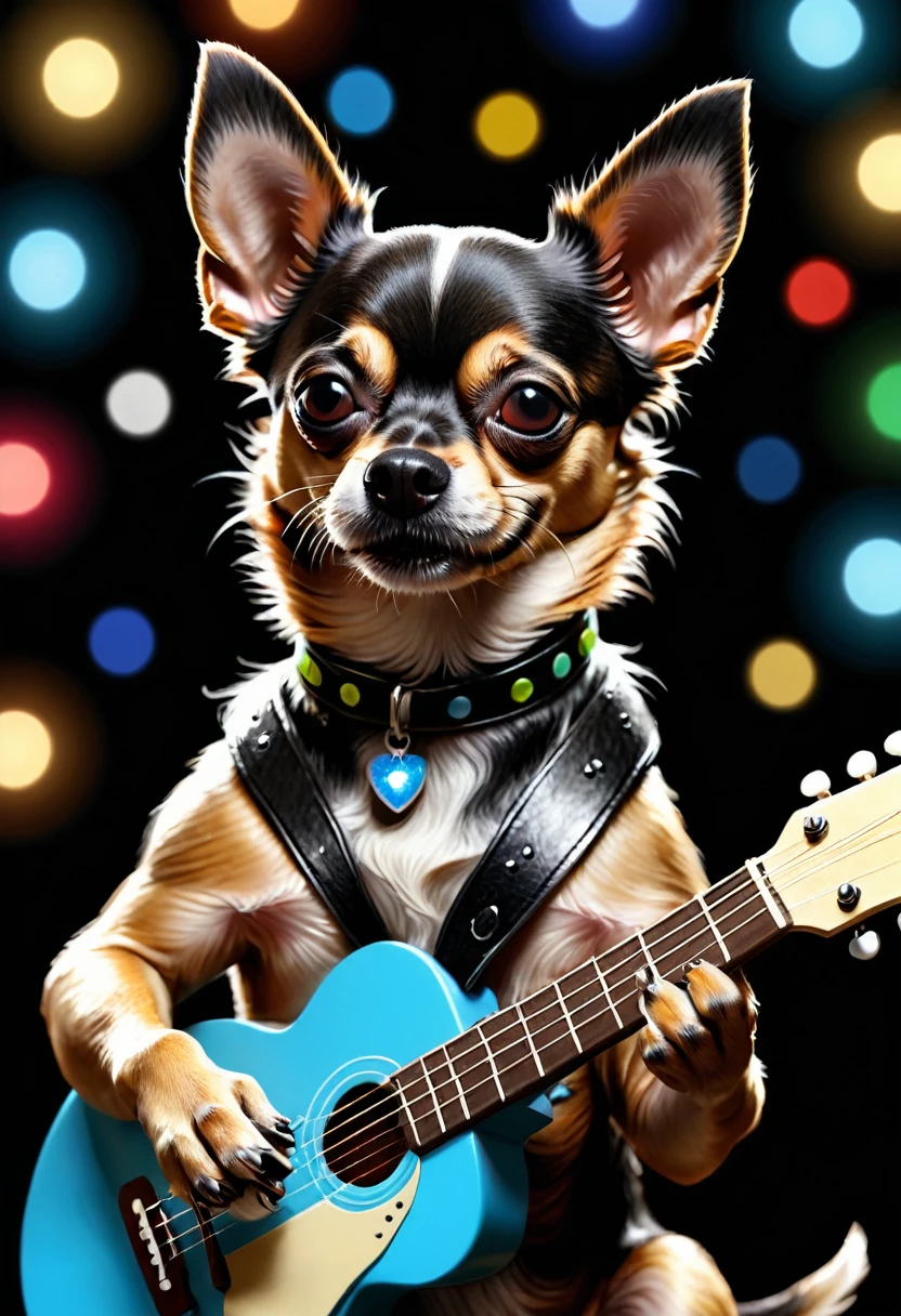 masterpiece, best quality, 4k, UHD, mishoujo, high resolution, Dog playing guitar, dog on scene, dog rocks, realistic dog, happy and fun dog, closed eyes with pleasure of singing, black background, chihuahua, black chihuahua, dog sings song with closed eyes. Colorful background, lights on bacground