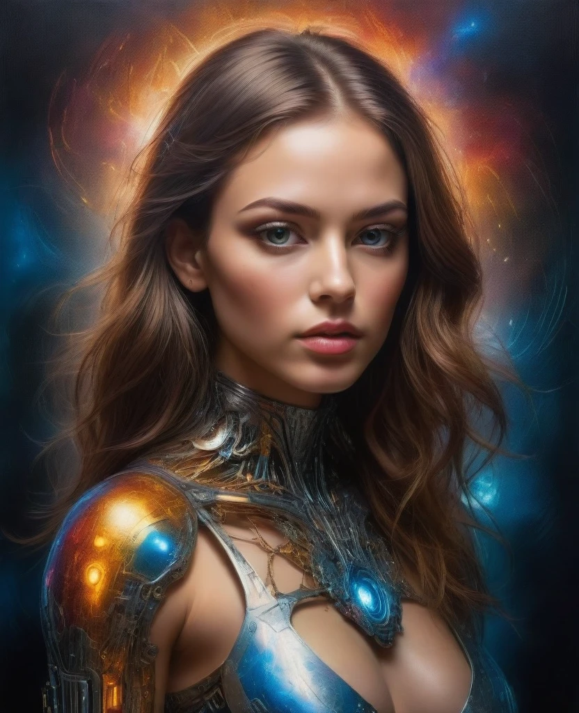 A cyborg girl stands in the center of a large bright studio and is engaged in creating her self-portrait on canvas. She is depicted in all her majestic beauty and elegance. Her metallic skin reflects the light, creating a play of hues and highlights like an expensive piece of jewelry.
Her long metal hair frames her face, giving her a mysterious and alluring look. Her bright eyes, in which light shimmers, stare straight ahead with confidence and the strain of creative inspiration.
The cyborg girl is depicted in a graceful pose, showing off her grace and strength as well as the fine workings of her mechanical limbs. Her hands hold brushes and are immersed in the creative process of creating a stunning work of art.
The outline of the self-portrait she is creating with oil paints is already outlined on the canvas. The drawing begins to come to life under her dexterous fingers, gaining depth and volume, and the coating of color fills the canvas with bright hues and rich colors.
This entire moment is captured in a gorgeous and amazing scenario that combines the beauty of art, power and technological advancement to make the cyborg girl a unique and inspiring image. beautiful shiny smooth, high quality, best quality, absurdres, masterpiece, beautiful, intricate details, 1/2 body crop, slim body, beautiful figure, magnificent anatomy, (intricate details:1.12), HDR, (intricate details, hyper-detailing:1.15), (natural skin textures, hyper realisitc, soft light, Sharp:1.2)
