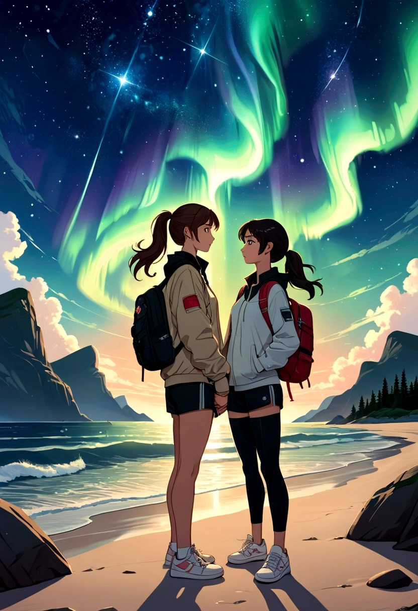 A captivating, futuristic anime illustration shows two women, Rebeca Armstrong (Kath) and Sarocha Chankimha (Lin), deeply in love. Kath is wearing a sports outfit with shorts, a black sweatshirt and a light-colored light jacket and her semi-long brown hair is straight, she is carrying a sports backpack and sneakers on her left shoulder; Lin, with her beautiful Asian features, is dressed in a loose shirt with light-colored plaid details, black pants and sneakers, she carries a simple cross-body bag on her shoulder, and her dark hair is long and tied in a ponytail. horse. They are holding hands under a stunning starry sky at the seashore, their foreheads touching as they exchange loving glances. Uranus dominates the background, with a stunning northern lights shining brightly in the center. The illustration is designed like a movie poster, with intricate details, dynamic typography, and a cinematic atmosphere that transports viewers to the cinema, illustration, typography, and poster.