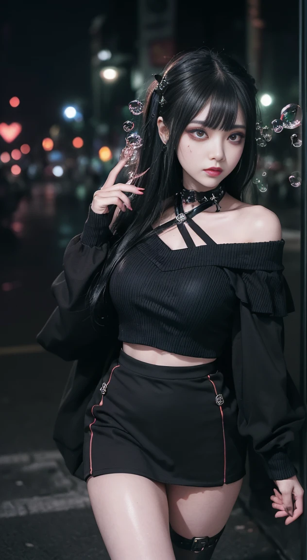 light、(Key Light：Front tilt 45 degrees, Fill Light、Backlight、shadow、Blue and orange color palette), Precision human body、Know-it-all、Correct five fingers、RAW photos、4K - Ultra-realistic、best quality, masterpiece, Ultra-high resolution, (Reality: 1.4), 


(((Oily skin,Radiant Skin、Realistic skin texture、Delicate and beautiful skin、Glowing skin、Glowing skin)))、

Pretty young, 19歳のgirl, 魅力的なgirl, クールなgirl、girl、mini skirt、Black Mask、((赤いDark Makeup))、((Large Breasts)) 、 girl1名, Purple Eyes, Off-the-shoulder sweater dress, light、purple and black hair、(Mine girl、Gothic Makeup、My cosmetics)、(Ear piercing、Large Breasts、One oversized off-the-shoulder black T-shirt、ダークmini skirt)、((Dark Makeup、Oily skin,Radiant Skin、Realistic skin texture、Delicate and beautiful skin、Glowing skin)), The night in the city center is dark、Kabukicho、Dark cyberpunk、(panoramic:1.8)、Thin legs、Thin arms、Thin shoulders、Thin waist、slim body、Large Breasts、whole body、Embarrassed、Sexy pose、((steam))、Many hearts、(((Large Breasts)))、(((The exclamation of, moan, Many hearts,Speak your mind, comics, Moving line, Motion Blur, Trembling violently, Lots of love bubbles)))、