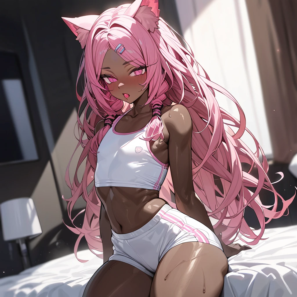 Best quality, highly detailed, ultra detailed, 1 very Dark brown skin boy, chocolate skin, flat chest, male chest, curvy body, long dreadlocks, pink dreadlocks, pink eyes, cat ears, lipgloss, wearing white croptop, biker shorts, penis, bedroom background